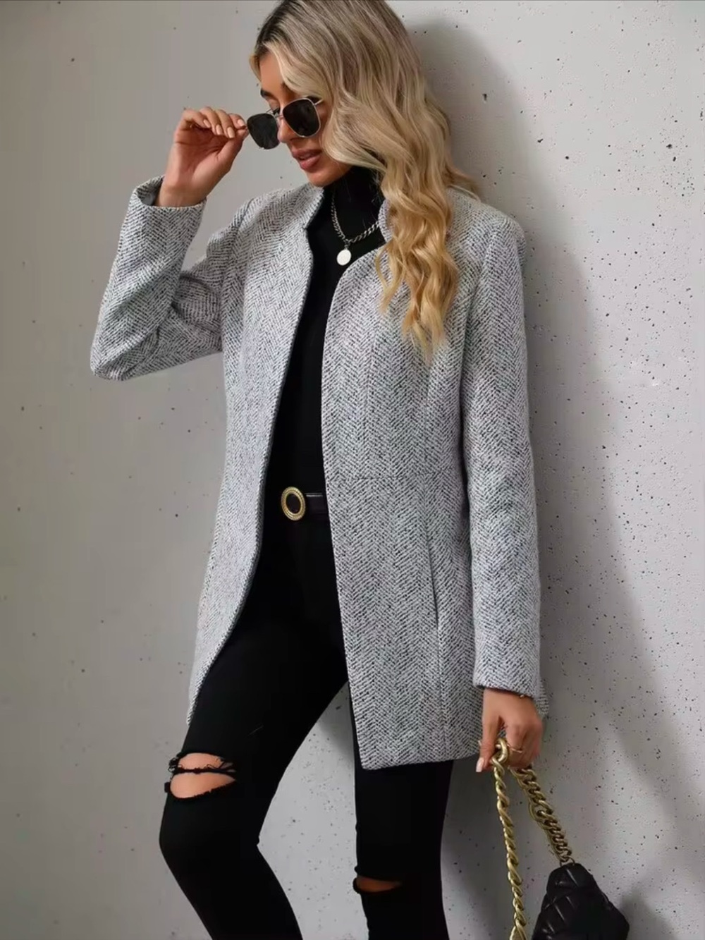 SHEIN Fall Winter Gray Herringbone Open-Front Blazer Women’s Size 4